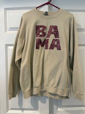 Beige 'BAMA' Faux Glitter Letter Crewneck Sweatshirt
